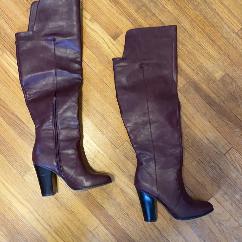 High heel maroon above the knee boots